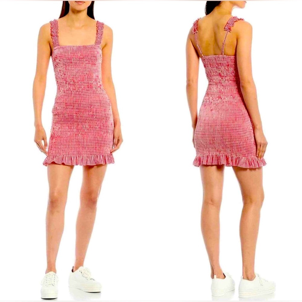 Gianni Bini Mia Smocked Gingham Square Neck MIDI Ruffle Dress Size XL NWT